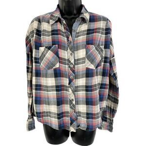 Free People‎ Plaid Chambray Button Down Shirt Top Blue Red Size Extra Small